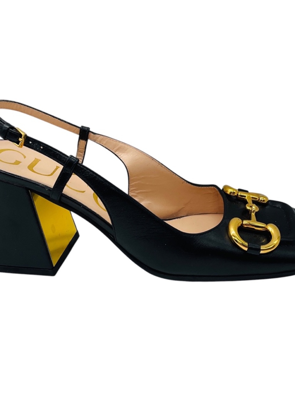 GUCCI BLACK / GOLD HORSEBIT DETAIL SQUARE TOE LEATHER SLINGBACK PUMPS - Picture 2 of 7